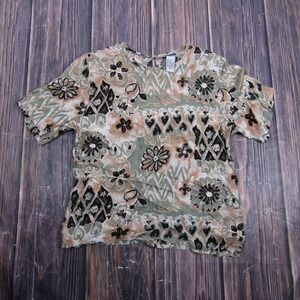 Prophecy Blouse Women Small Green Tan Floral Geometric Rayon Short Sleeve Top